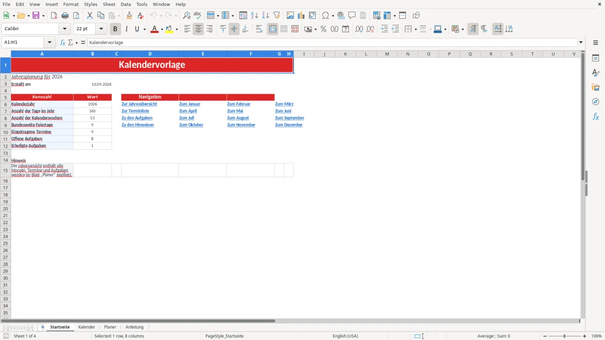 Abbildung 1: Tabellenblatt Startseite - excel kalender vorlage Excel-Vorlage