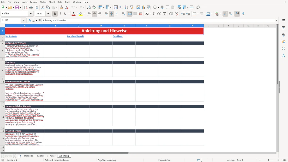 Abbildung 4: Tabellenblatt Anleitung - excel kalender vorlage Excel-Vorlage