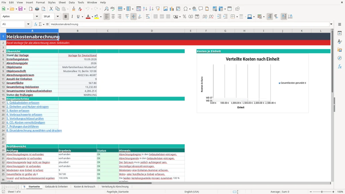 Abbildung 1: Tabellenblatt Startseite - heizkostenabrechnung vorlage excel Excel-Vorlage