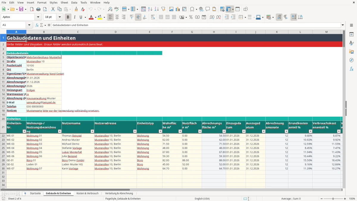 Abbildung 2: Tabellenblatt Gebäude & Einheiten - heizkostenabrechnung vorlage excel Excel-Vorlage