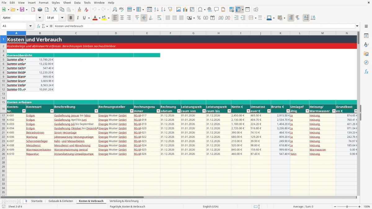 Abbildung 3: Tabellenblatt Kosten & Verbrauch - heizkostenabrechnung vorlage excel Excel-Vorlage