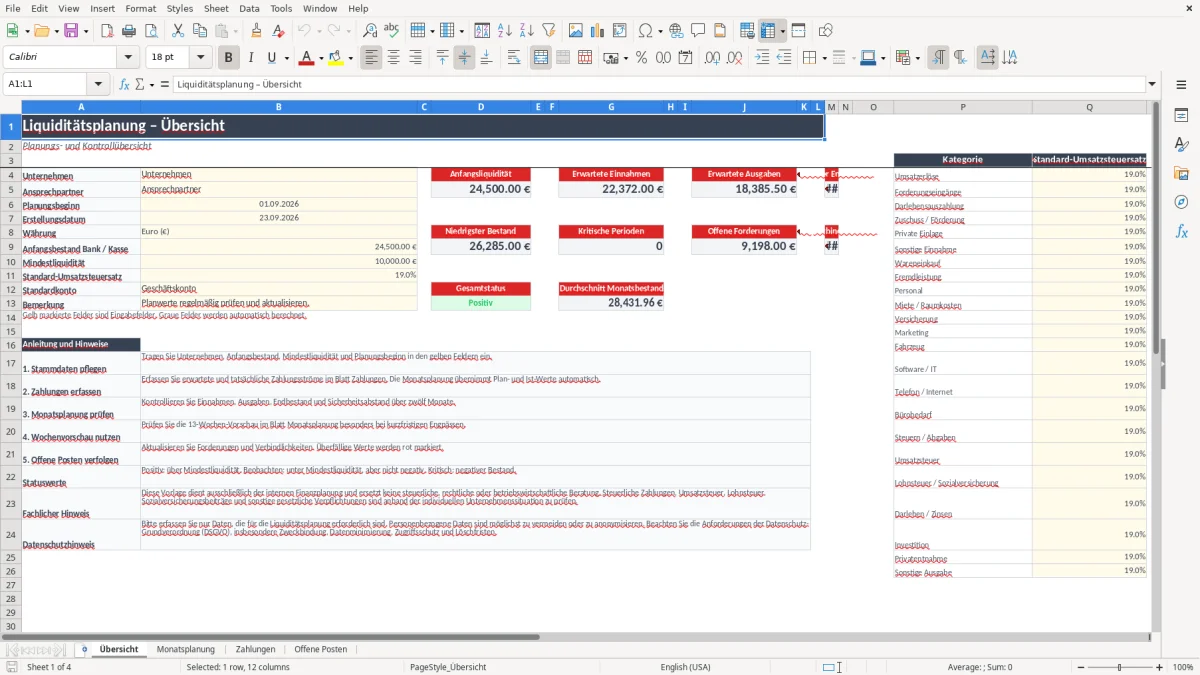 Abbildung 1: Tabellenblatt Übersicht - liquiditätsplanung vorlage excel Excel-Vorlage