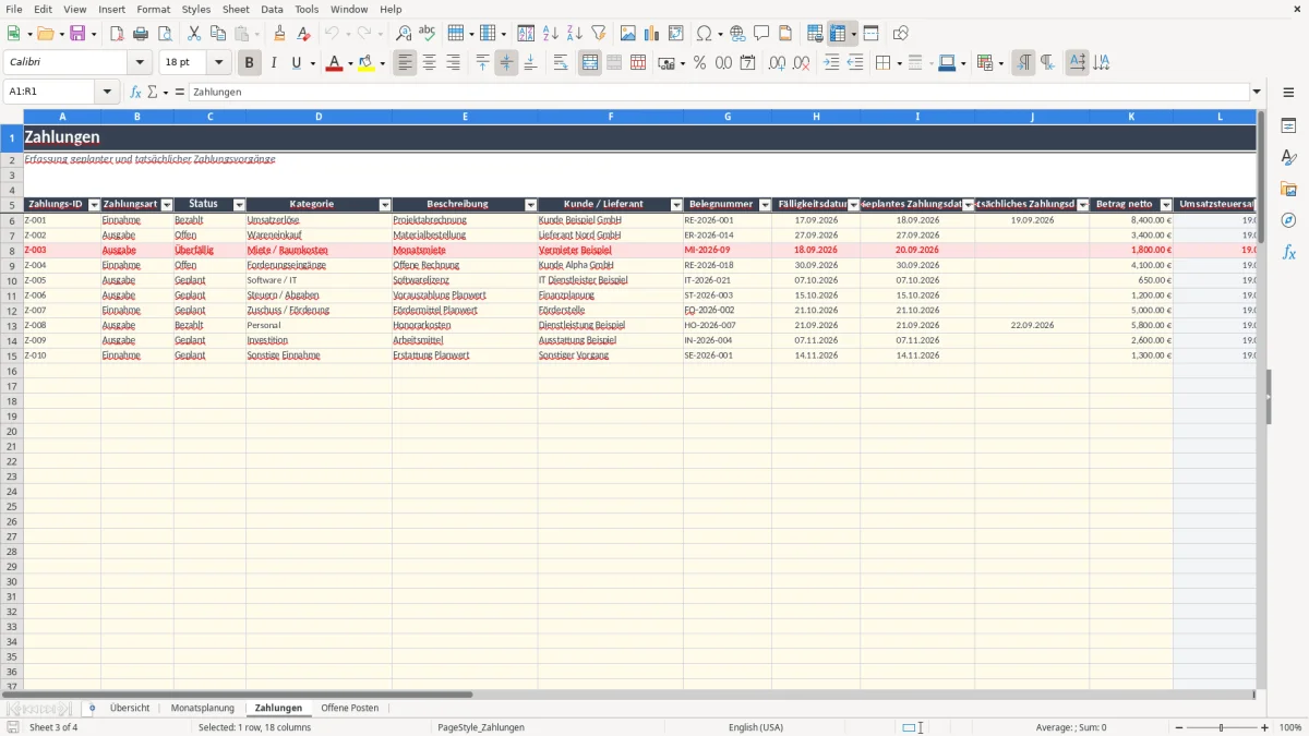 Abbildung 3: Tabellenblatt Zahlungen - liquiditätsplanung vorlage excel Excel-Vorlage