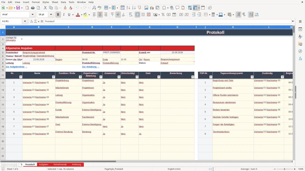 Abbildung 1: Tabellenblatt Protokoll - protokoll vorlage excel Excel-Vorlage