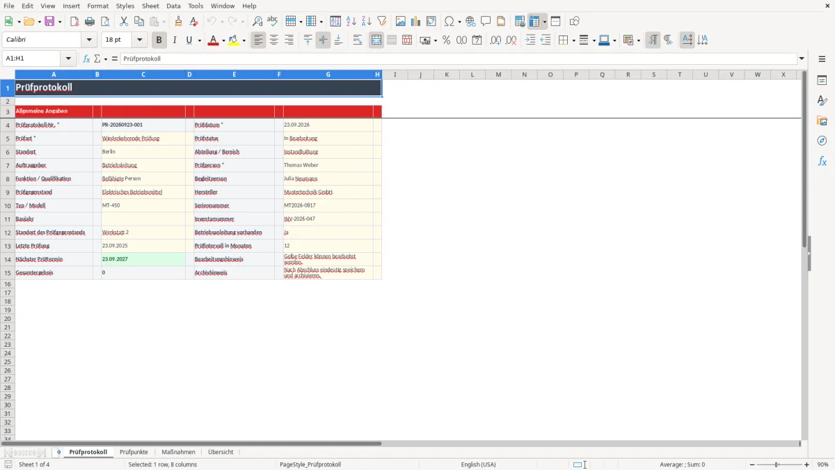 Abbildung 1: Tabellenblatt Prüfprotokoll - prüfprotokoll vorlage excel Excel-Vorlage