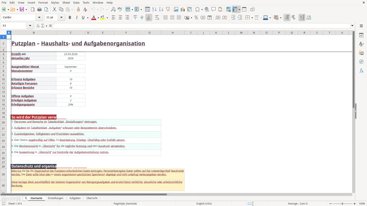 Abbildung 1: Tabellenblatt Startseite - putzplan vorlage excel Excel-Vorlage