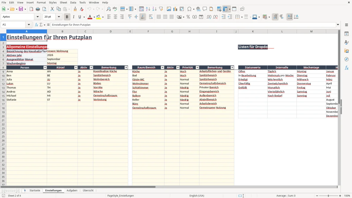 Abbildung 2: Tabellenblatt Einstellungen - putzplan vorlage excel Excel-Vorlage