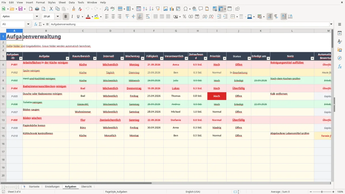 Abbildung 3: Tabellenblatt Aufgaben - putzplan vorlage excel Excel-Vorlage