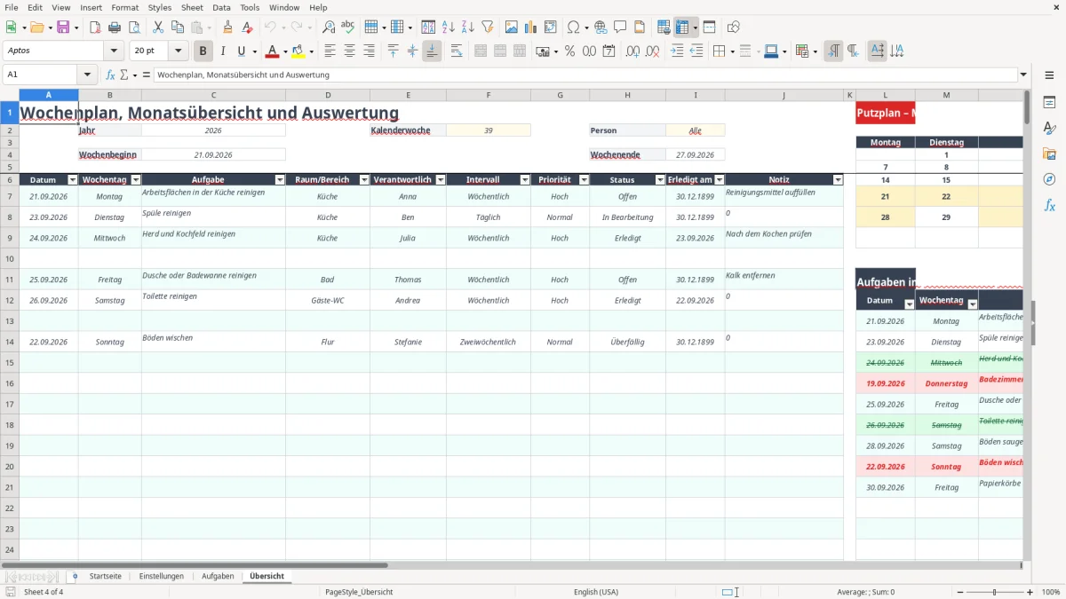 Abbildung 4: Tabellenblatt Übersicht - putzplan vorlage excel Excel-Vorlage