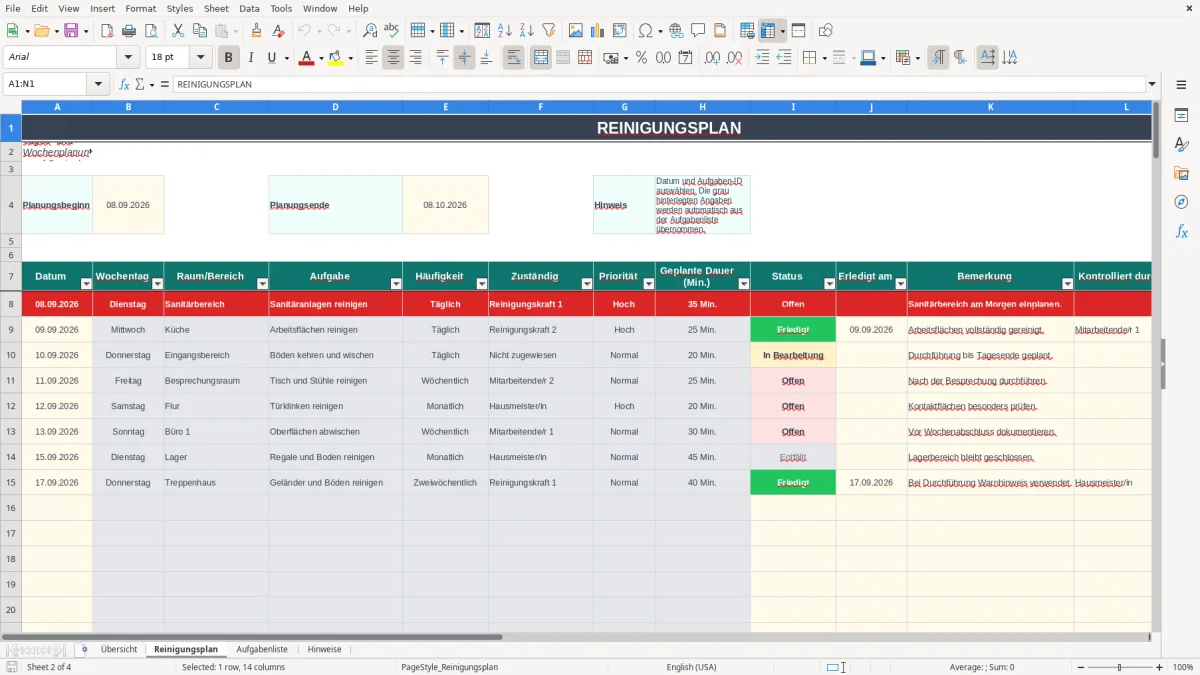 Abbildung 2: Tabellenblatt Reinigungsplan - reinigungsplan vorlage excel Excel-Vorlage
