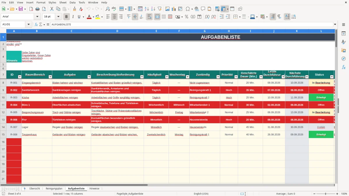 Abbildung 3: Tabellenblatt Aufgabenliste - reinigungsplan vorlage excel Excel-Vorlage