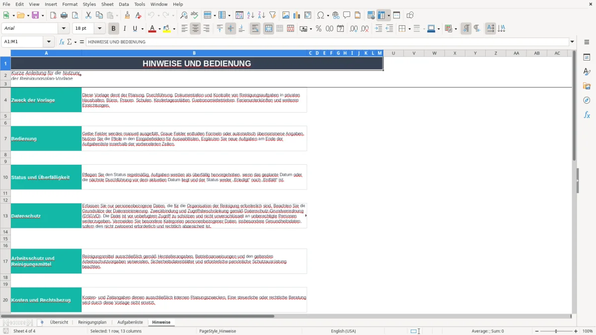 Abbildung 4: Tabellenblatt Hinweise - reinigungsplan vorlage excel Excel-Vorlage