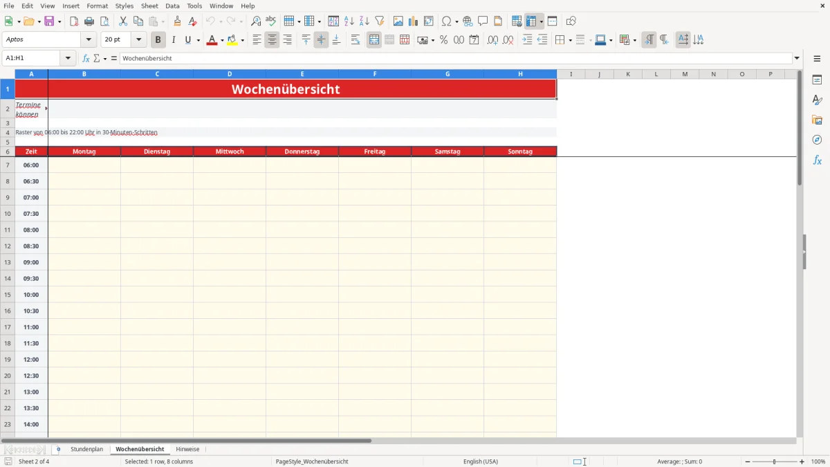 Abbildung 2: Tabellenblatt Wochenübersicht - stundenplan vorlage excel Excel-Vorlage