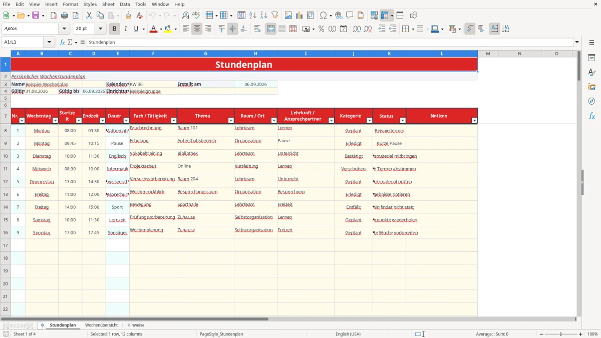 Abbildung 4: Tabellenblatt Hinweise - stundenplan vorlage excel Excel-Vorlage