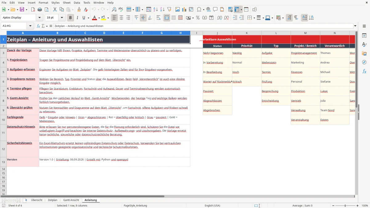 Abbildung 4: Tabellenblatt Anleitung - zeitplan excel vorlage Excel-Vorlage