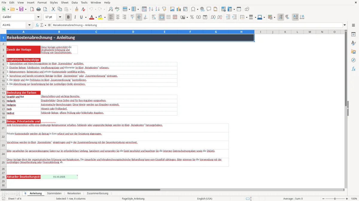 Abbildung 1: Tabellenblatt Anleitung - reisekostenabrechnung vorlage excel Excel-Vorlage