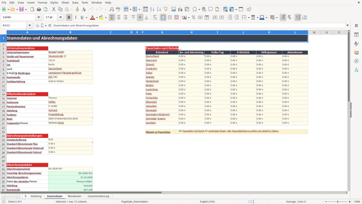 Abbildung 2: Tabellenblatt Stammdaten - reisekostenabrechnung vorlage excel Excel-Vorlage