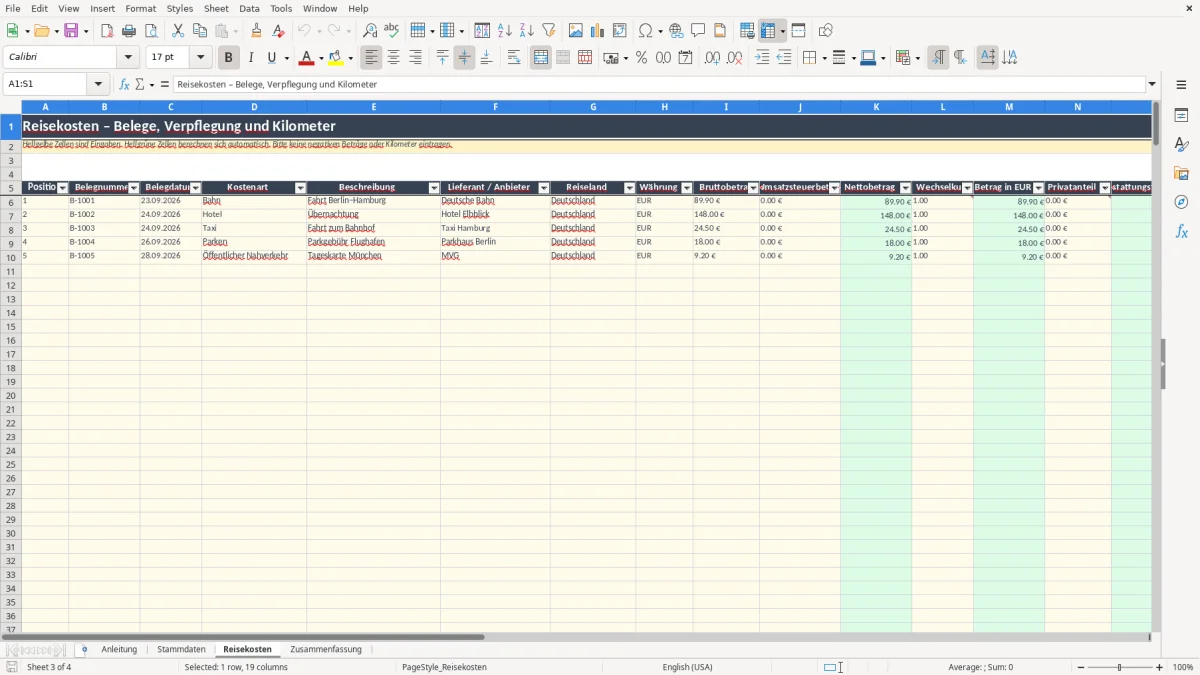 Abbildung 3: Tabellenblatt Reisekosten - reisekostenabrechnung vorlage excel Excel-Vorlage